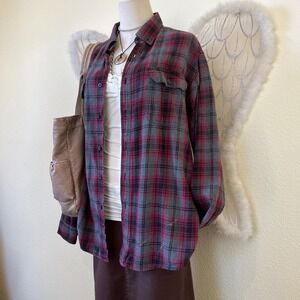 Indie Skater Grunge Oversized Shirt Button Up Long Sleeve Grey Red Flannel Baggy